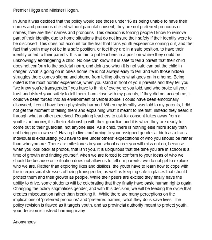 Expressions of pride letter to Premier Higgs and Minister Hogan