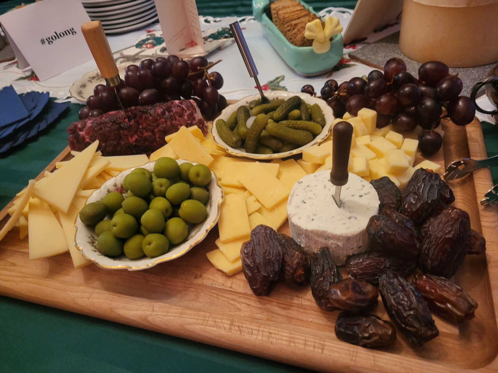 Cheese, olives, pickles and grapes